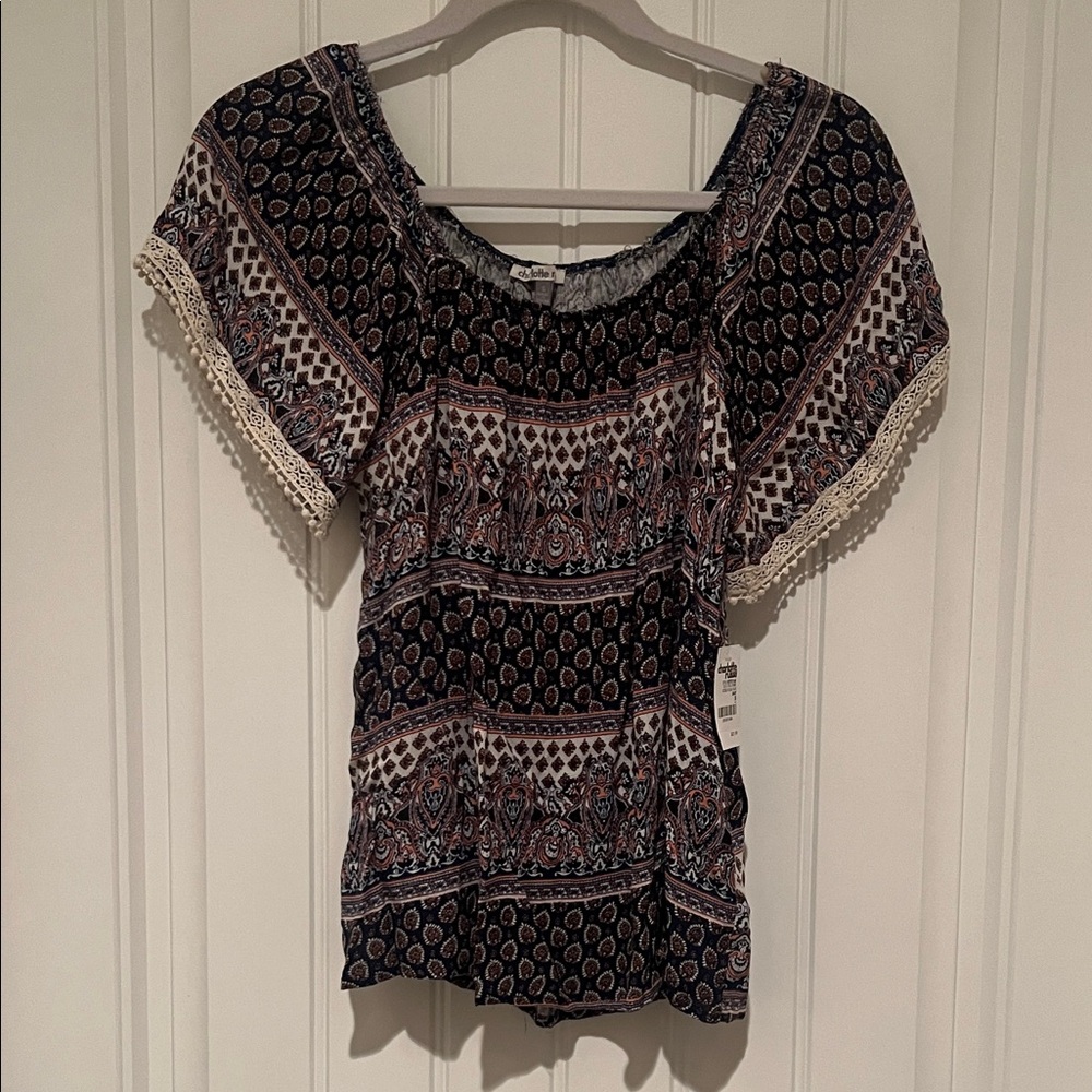 Charlotte Russe Navy and Cream Paisley Crochet-Trim Peasant Blouse